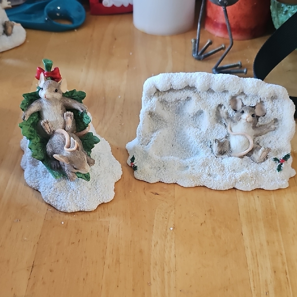 Festive Mouse Figurines with Snow Base